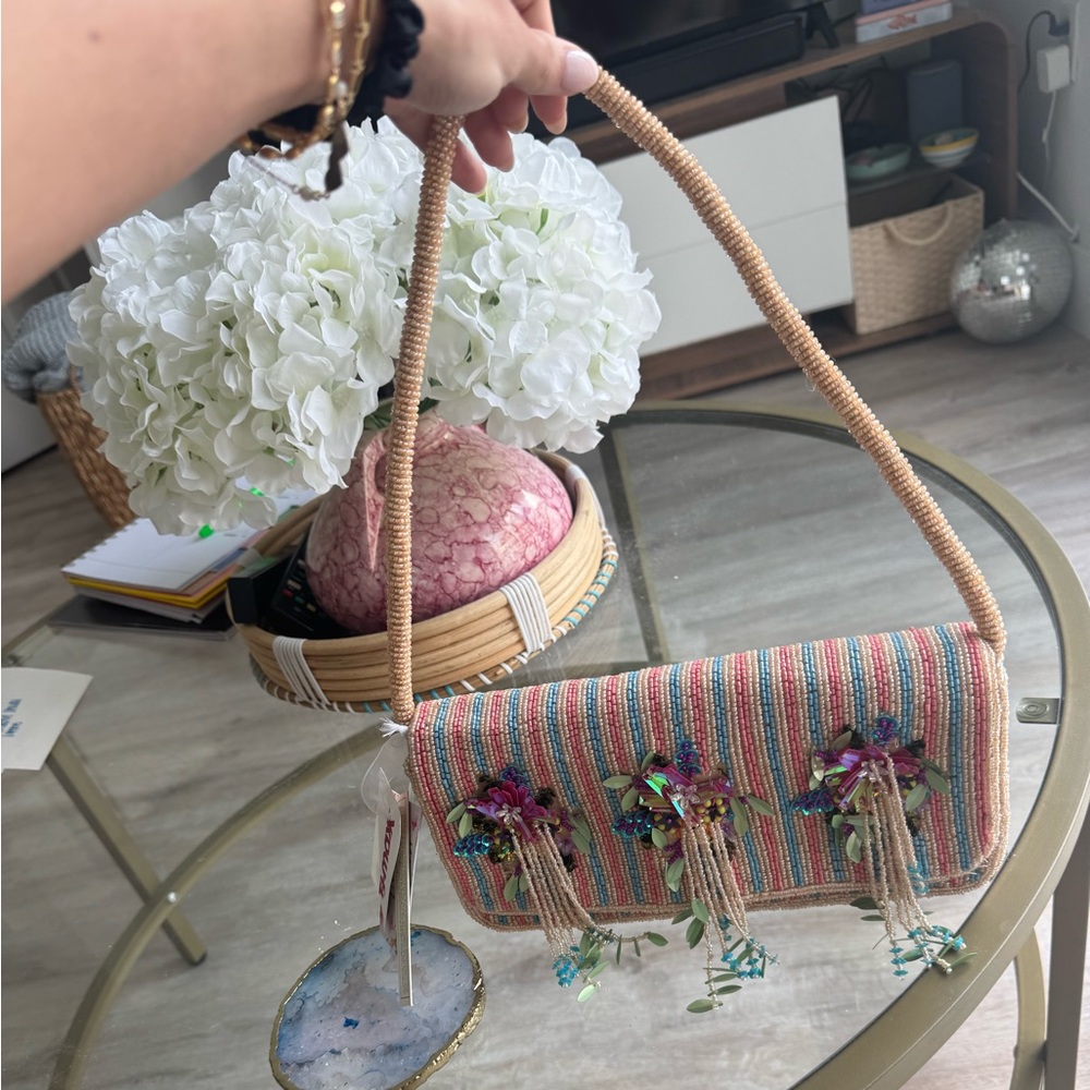 Colorful Striped Women's Bag with Floral Accents